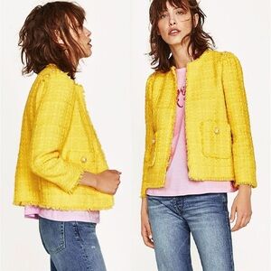 Zara Woman Yellow Tweed Pearl Button Jacket - Size M